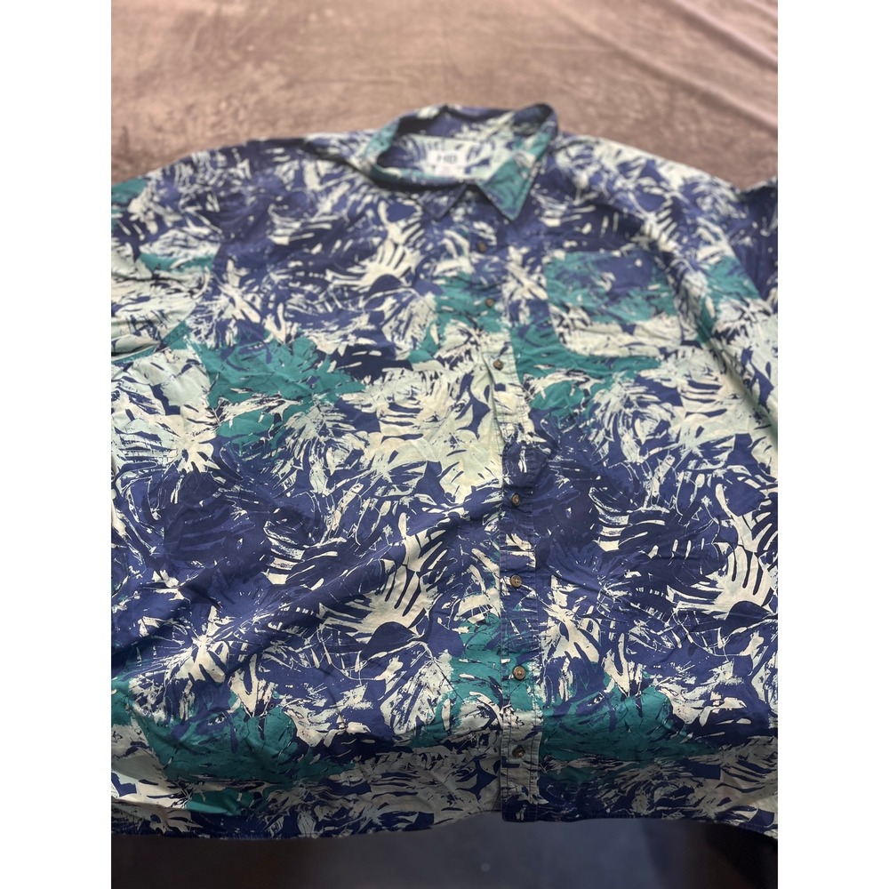 HB Mens 6XL Short Sleeve Button Down Shirt Tropical Palm Leaf Blue Green Casual